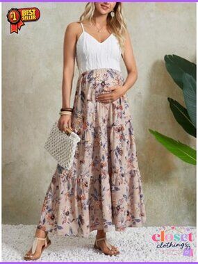 Maternity Ruffle Hem Maxi Skirt High Waist A-Line Flowy Tiered